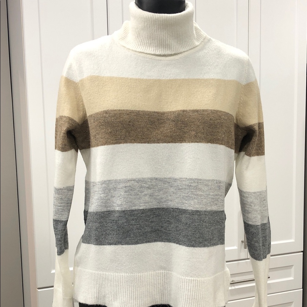 Striped Turtleneck Sweater – Women’s Size Large – Off-White/Gray/Tan/Brown